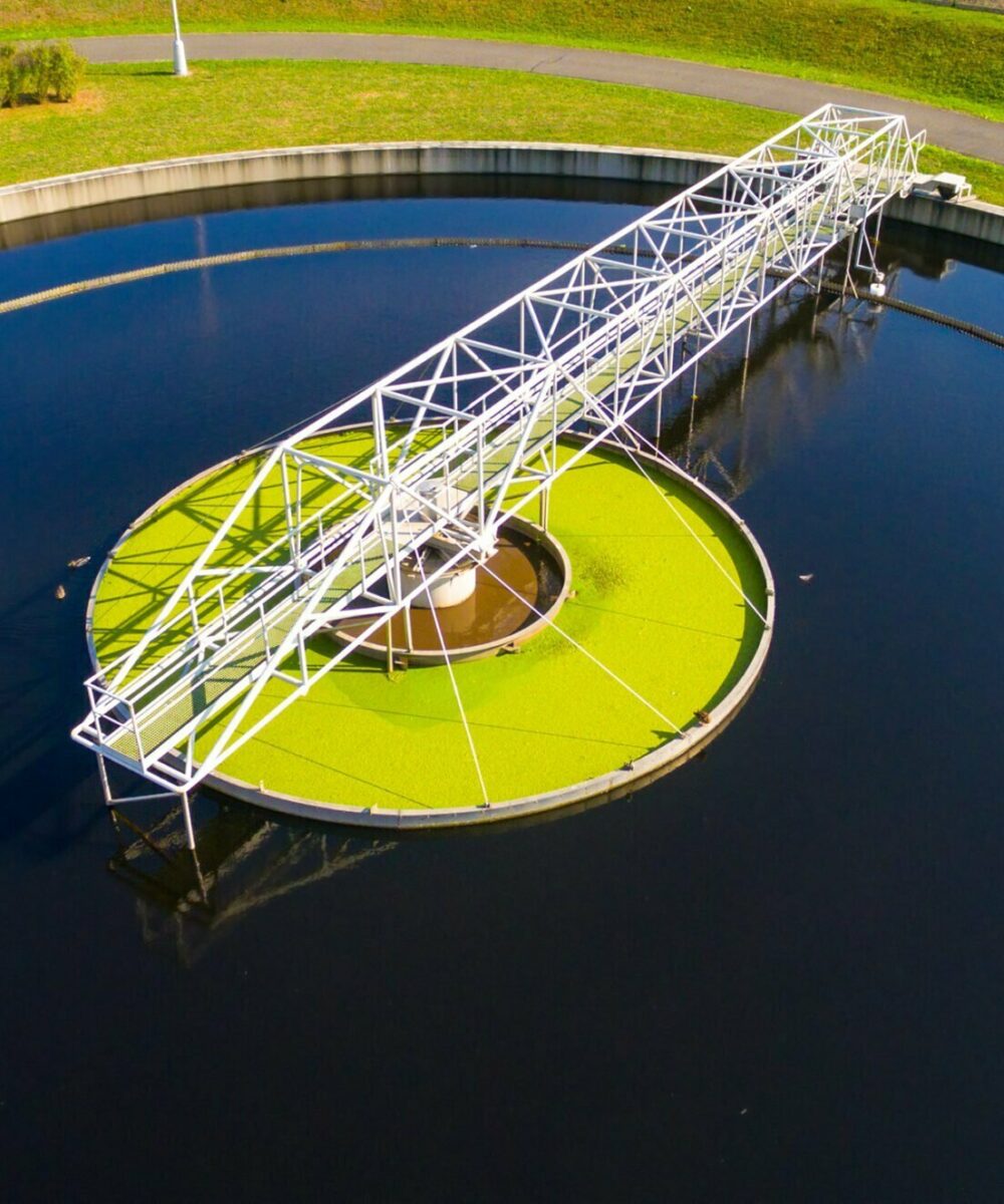 Aerial view to sewage treatment plant. Grey water recycling. Was